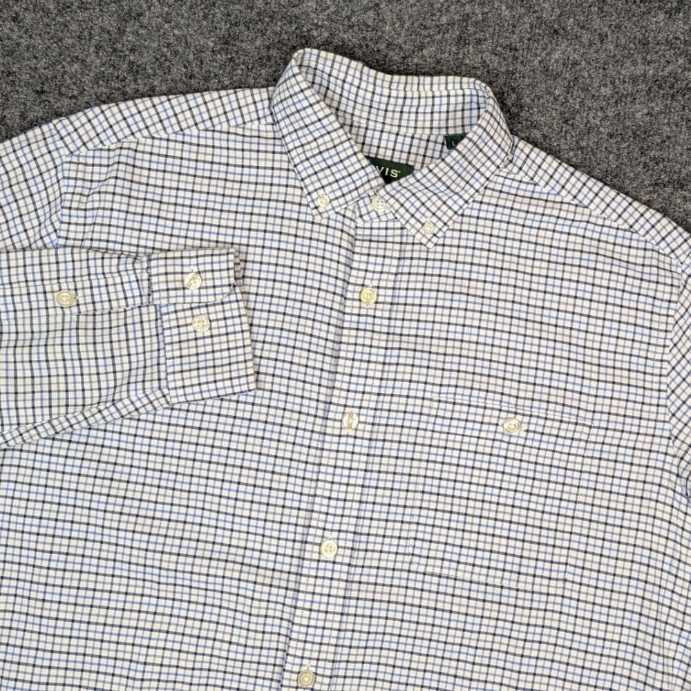 Orvis Active Fit Mens Large Blue White Tattersall Check Stretch Button Down